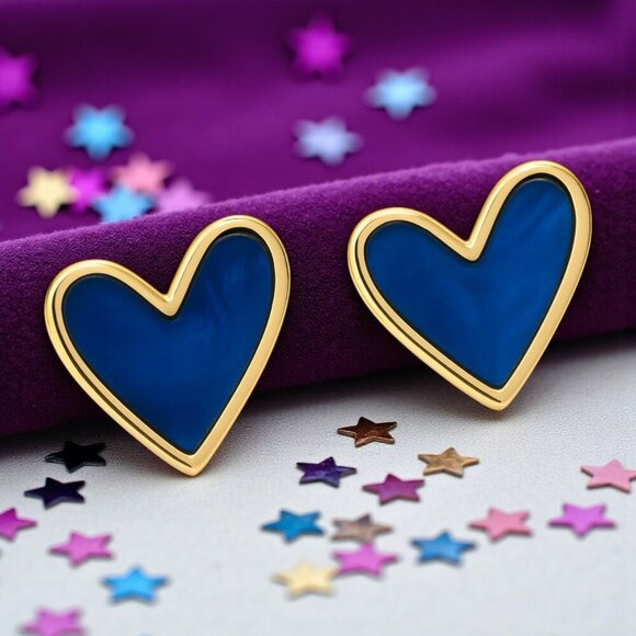 🆕 Royal Blue Enamel Heart Stud Earrings Gold Tone Statement Cute Gift Teen Girl - Picture 1 of 12